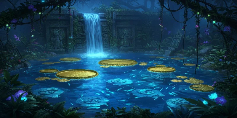 Verzauberter Amazonas Pool mit goldenen Seerosen und Wasserfall