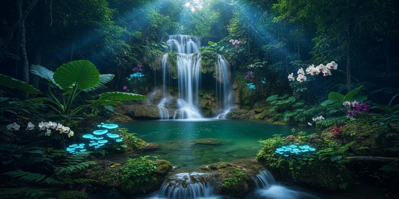 Tropische Amazonas Oase mit Wasserfällen und leuchtenden Pilzen