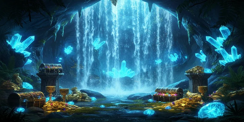 Schatzhöhle hinter Amazonas Wasserfall mit glühenden Kristallen